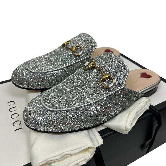 Gucci Silver Glitter Princeton Horsebit Slide Mule Loafers 5.5 - Picture 1 of 13